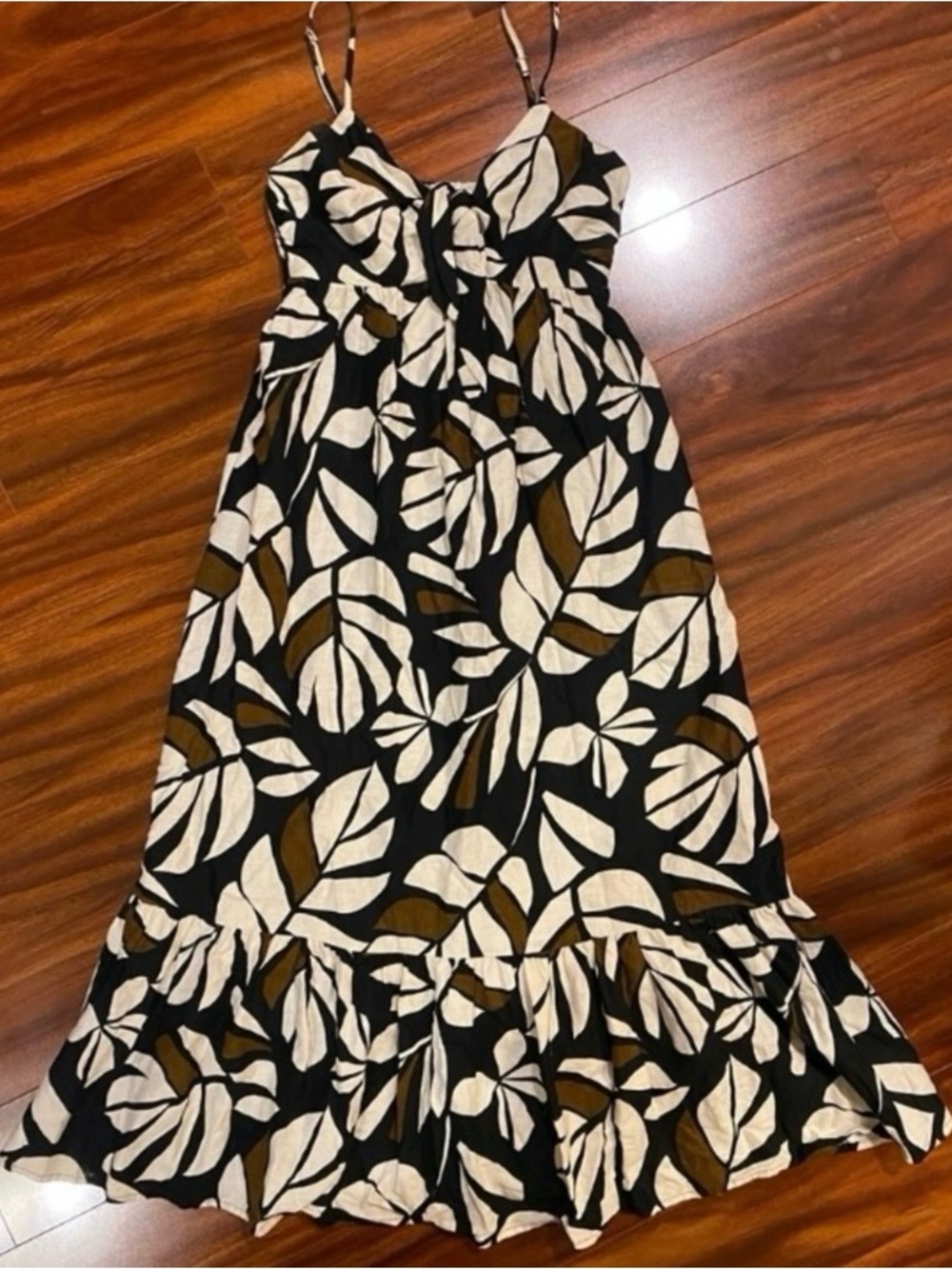 Tabitha Brown Linen blend Black  Tropical Leaf Print maxi Sundress